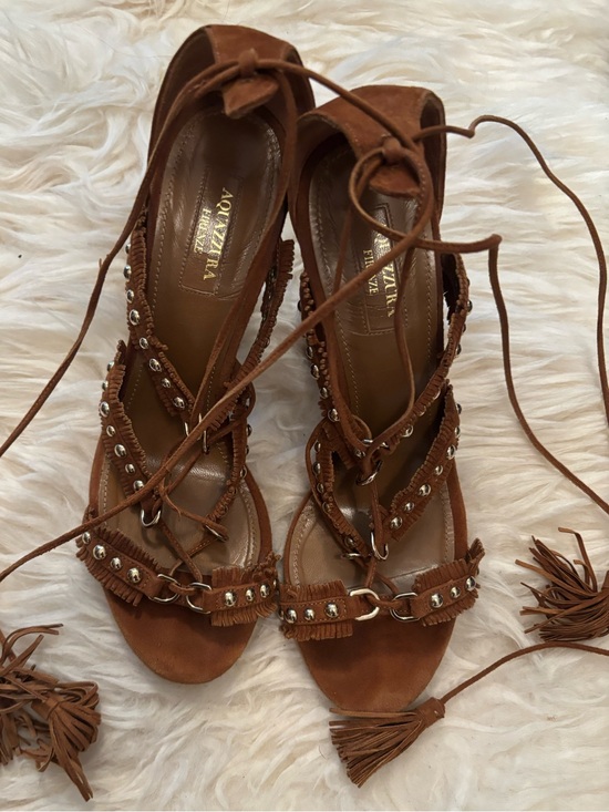 Aquazzura Shoes - AQUAZZURA Tulum Brown Suede Fringe Lace-Up Sandals size 38 1/2